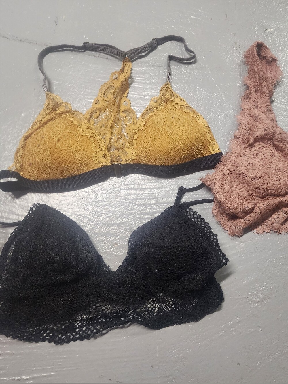 Lace Bralette Trio - Pink, Mustard, Black Size XS